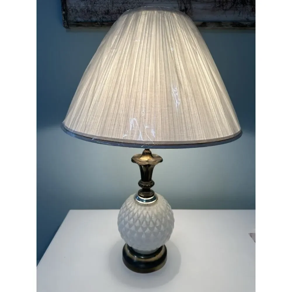 Vintage Hollywood Regency Quilted Hobnail Milkglass Lamp with Brass MCM